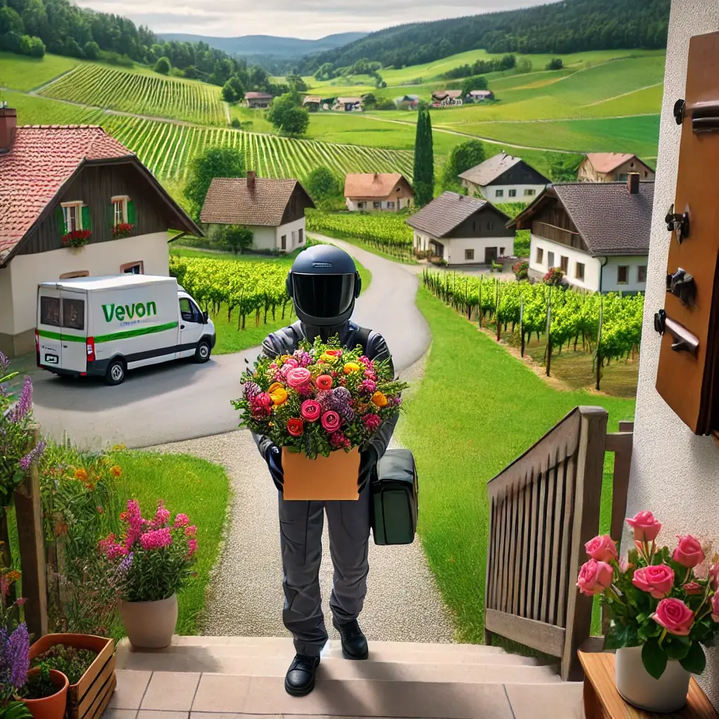 Blumenlieferung in Freienstein, bunter Strauss vor Haus und ländlicher Wohnumgebung.