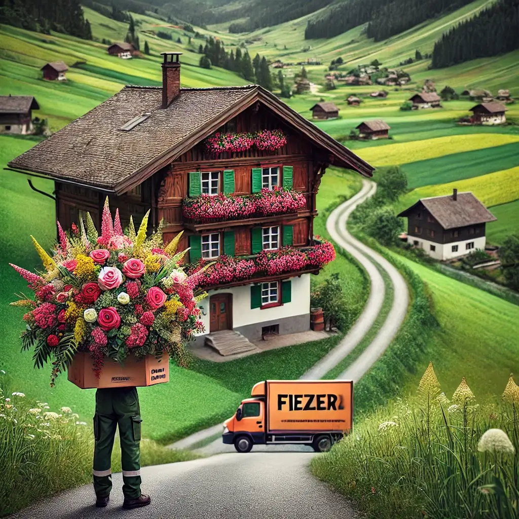 Blumenlieferant in Oeschgen mit einem bunten Strauss vor ländlicher Kulisse.
