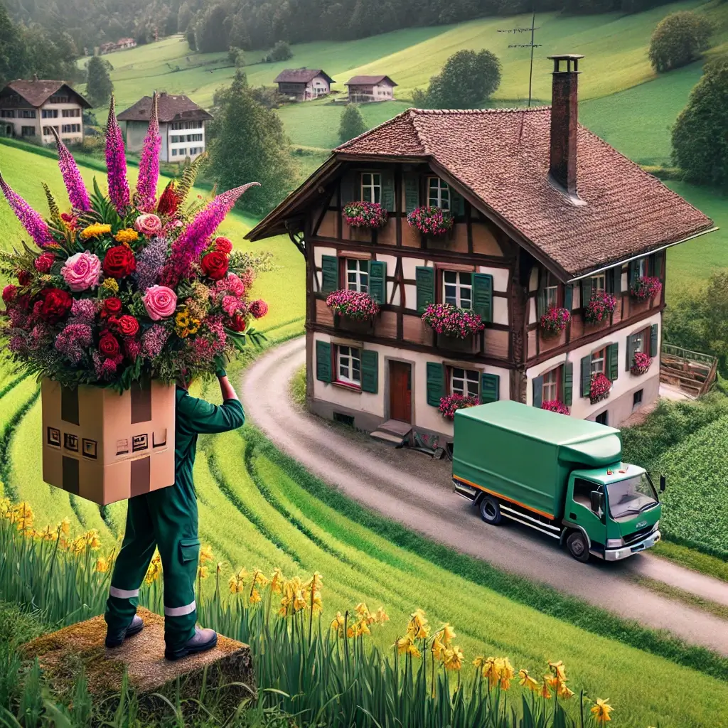 Blumenlieferant in Niederwil mit einem bunten Strauss vor ländlicher Kulisse.