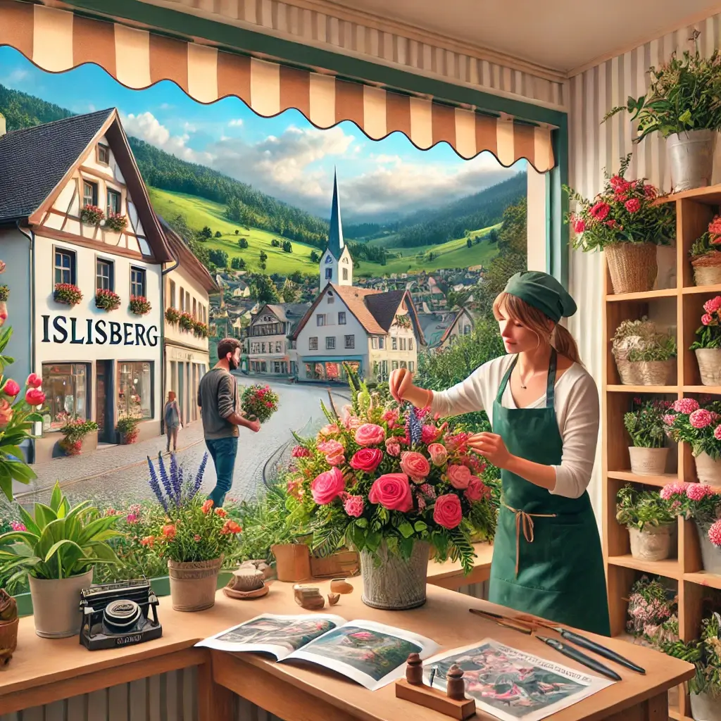 Florist in Islisberg arrangiert bunten Blumenstrauss in einem kleinen Laden mit Aussicht auf die Hügellandschaft.