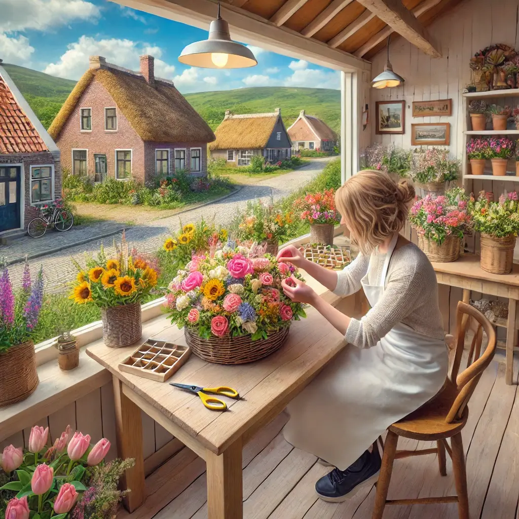 Florist in Jonen arrangiert bunten Blumenstrauss in einem charmanten Blumenladen mit ländlicher Kulisse.