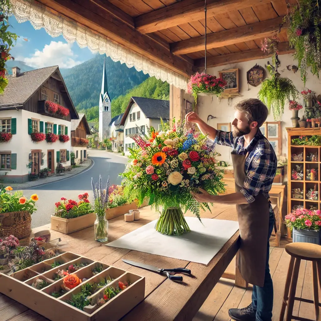 Florist in Oberlunkhofen arrangiert bunten Blumenstrauss in einem gemütlichen Laden mit ländlicher Umgebung.