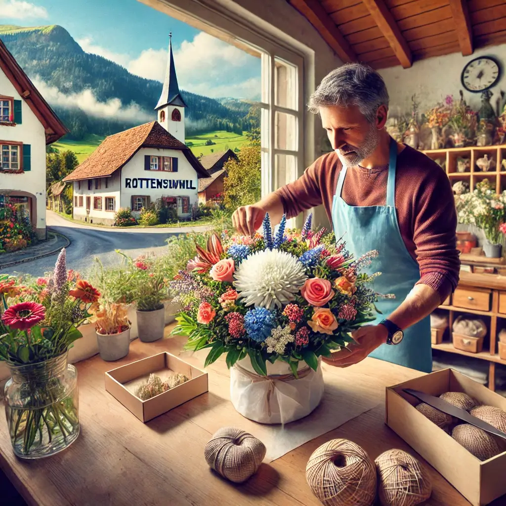 Florist in Rottenschwil arrangiert einen bunten Blumenstrauss in einem gemütlichen Blumenladen mit ländlichem Hintergrund.
