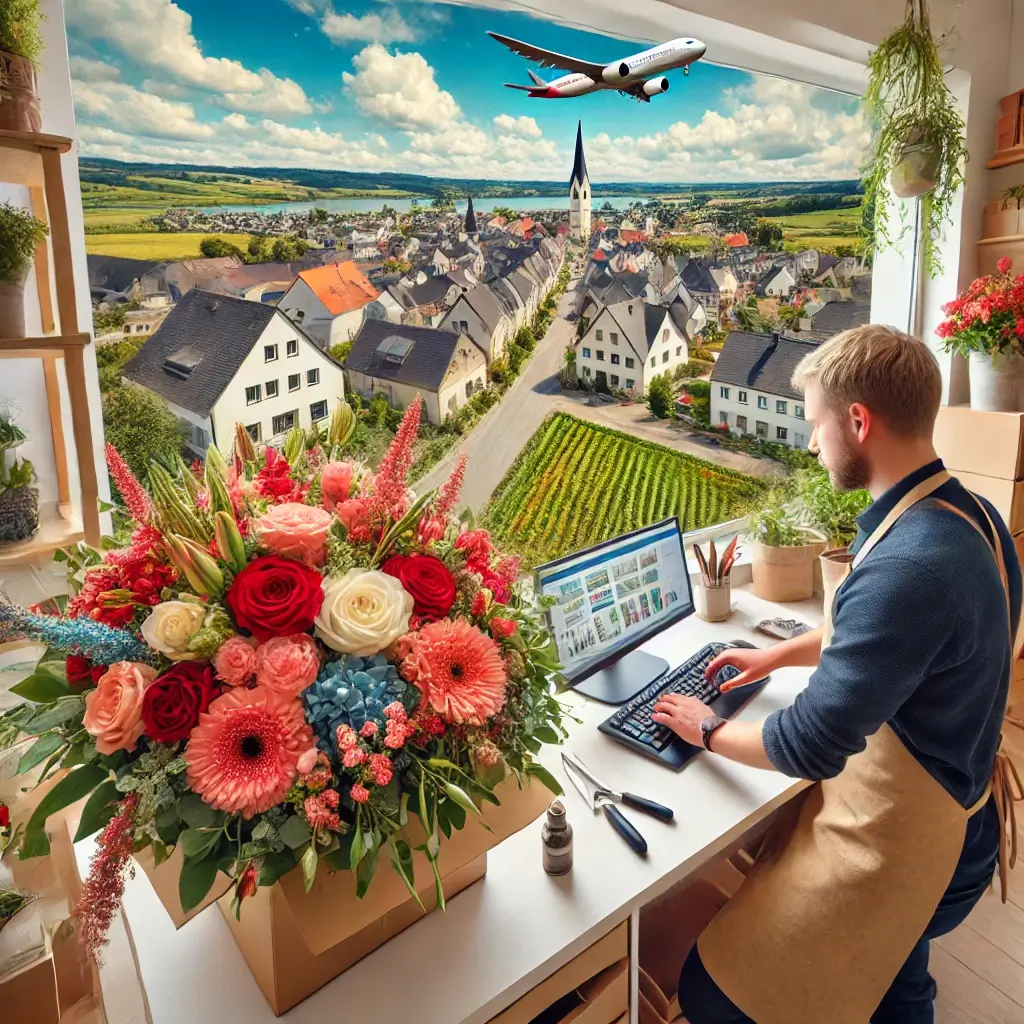 Florist in Killwangen arrangiert einen bunten Blumenstrauss in einem modernen Blumenladen mit Blick auf die Umgebung von Killwangen.