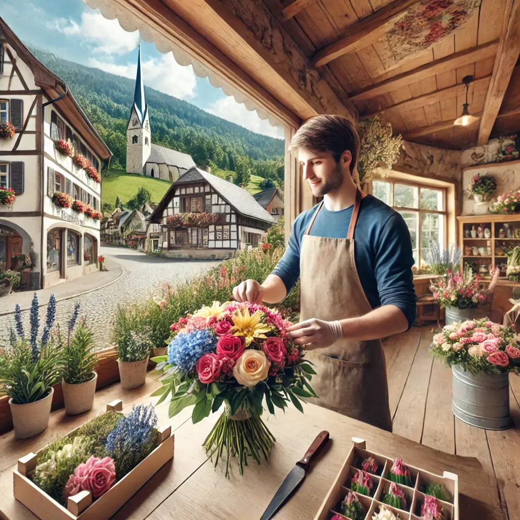 Florist in Bergdietikon arrangiert einen bunten Blumenstrauss in einem charmanten Blumenladen mit Blick auf die Hügellandschaft.