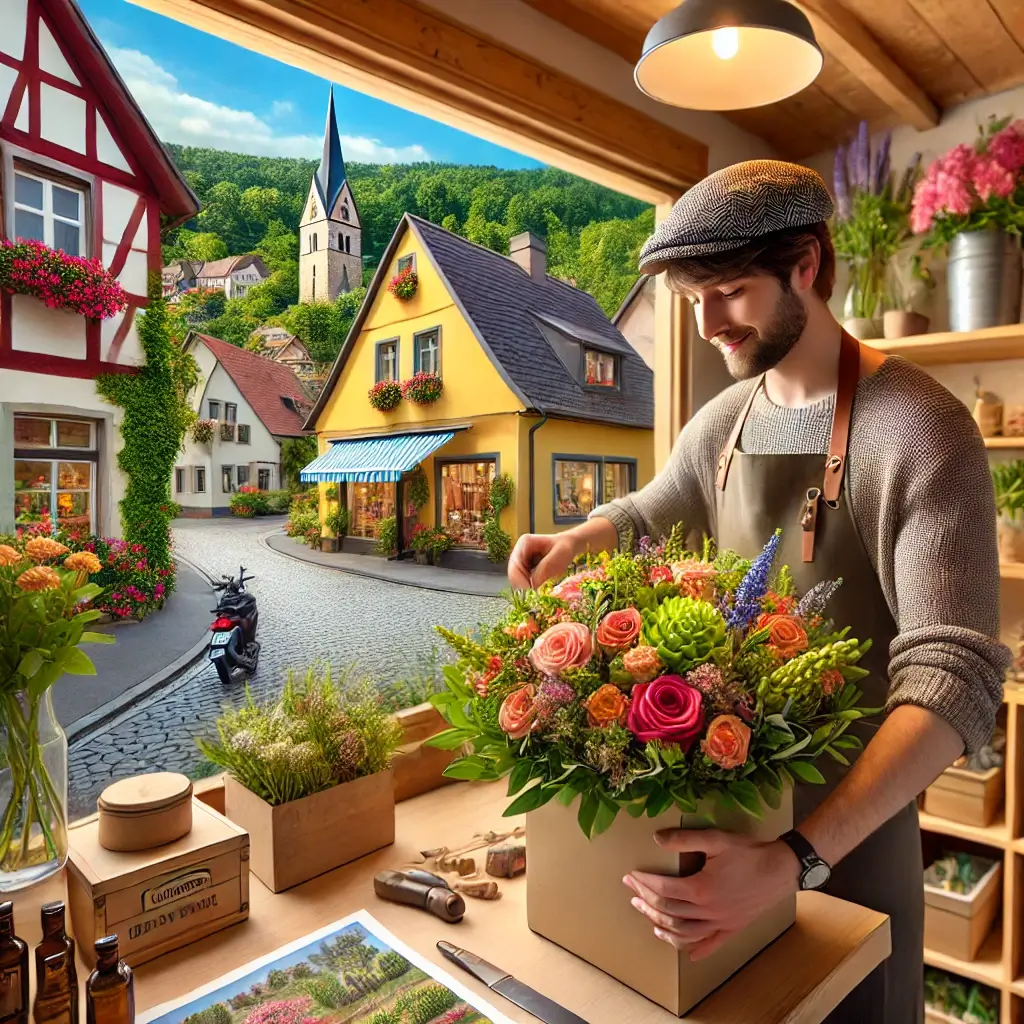 Florist in Rudolfstetten arrangiert einen bunten Blumenstrauss in einem charmanten Blumenladen mit Blick auf die ländliche Umgebung.