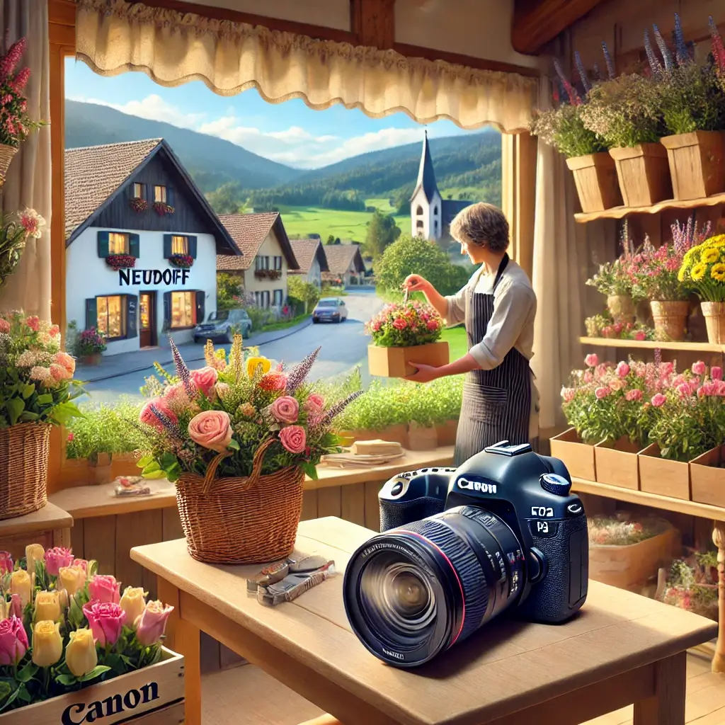Florist in Neudorf arrangiert einen bunten Blumenstrauss in einem charmanten Laden mit Blick auf die ländliche Umgebung.
