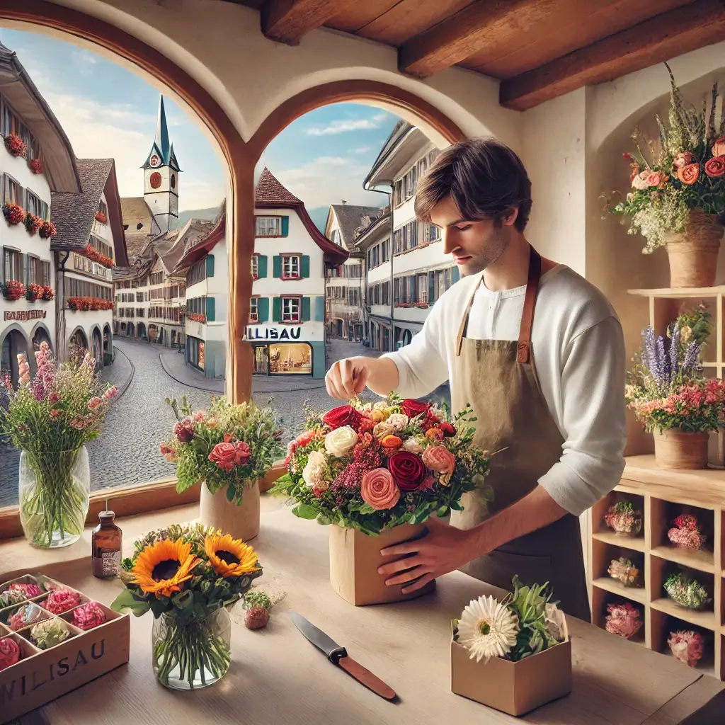 Florist in Willisau arrangiert einen bunten Blumenstrauss in einem charmanten Laden mit Blick auf die Altstadt.