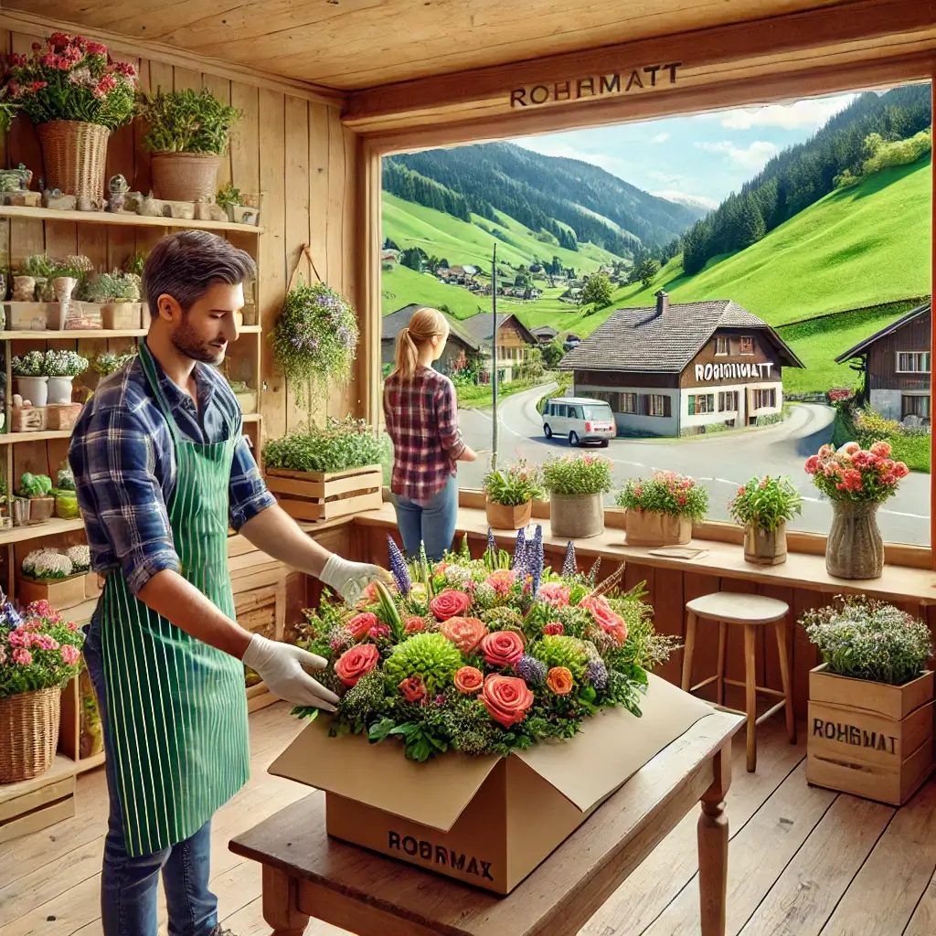 Florist in Rohrmatt arrangiert einen bunten Blumenstrauss in einem charmanten Laden mit Blick auf die ländliche Umgebung.