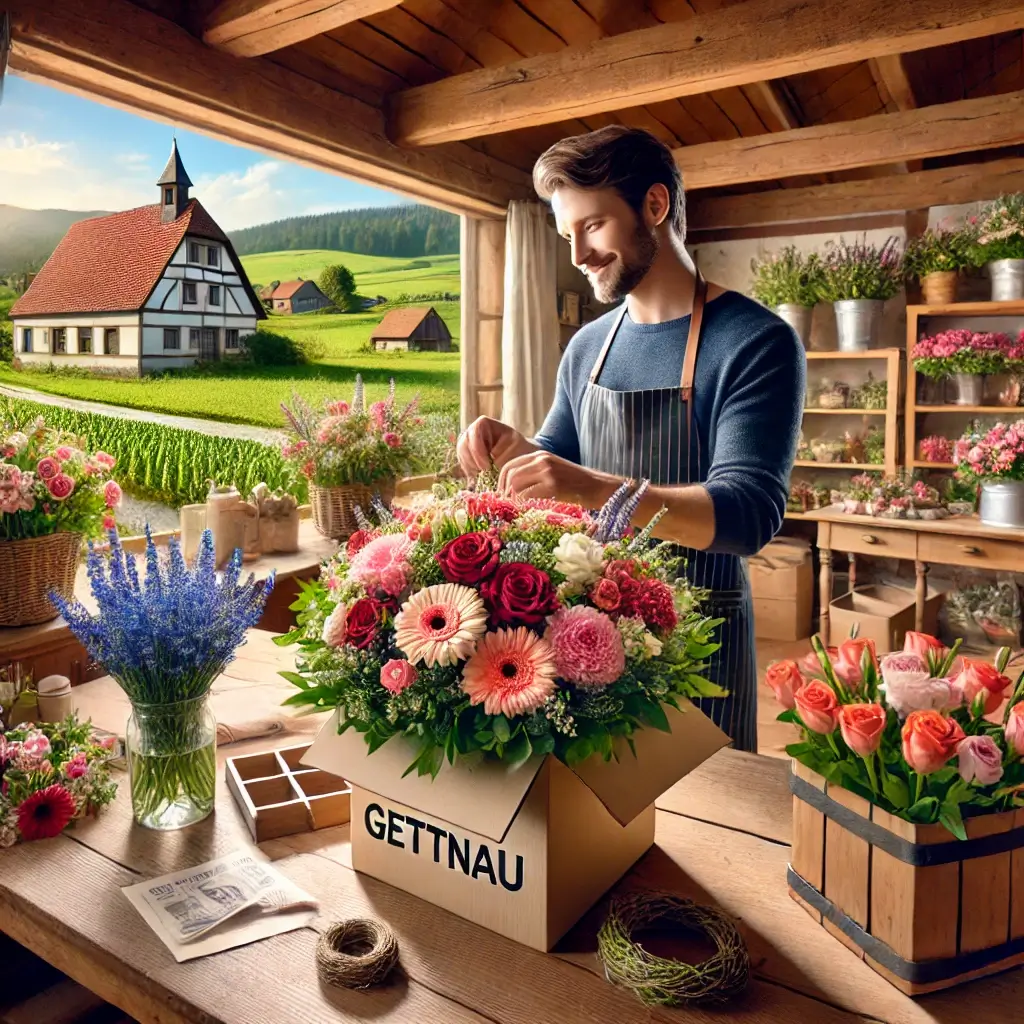 Florist in Gettnau arrangiert einen bunten Blumenstrauss in einem charmanten Laden mit Blick auf die ländliche Umgebung.