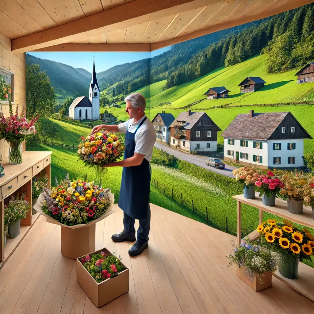 Florist in Ohmstal arrangiert einen bunten Blumenstrauss in einem charmanten Laden mit Blick auf die ländliche Umgebung.