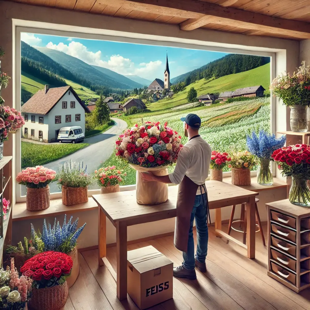 Florist in Geiss arrangiert einen bunten Blumenstrauss in einem charmanten Laden mit Blick auf die ländliche Umgebung.