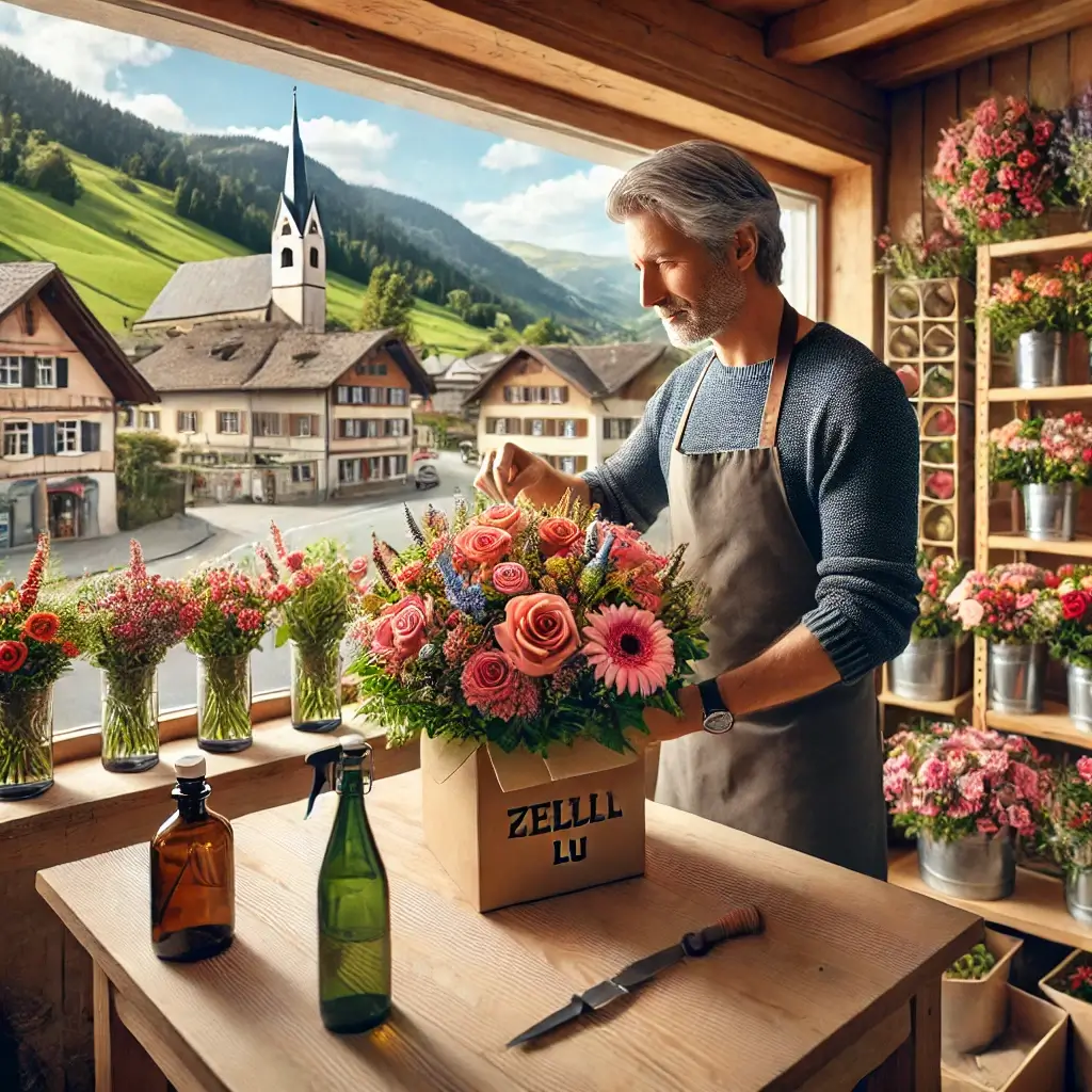 Florist in Zell LU arrangiert einen bunten Blumenstrauss in einem charmanten Laden mit Blick auf die ländliche Umgebung.