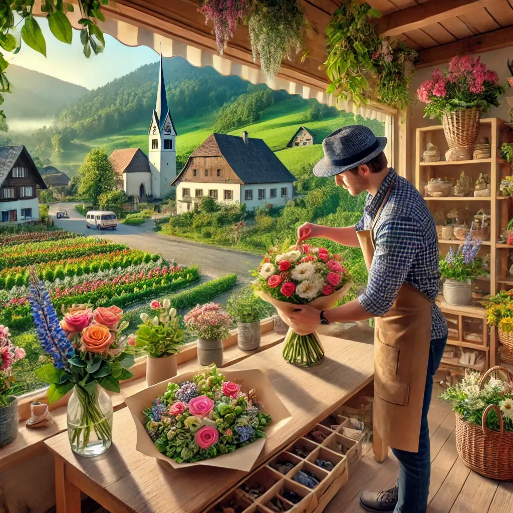 Florist in Fischbach LU arrangiert einen bunten Blumenstrauss in einem charmanten Laden mit Blick auf die ländliche Umgebung.