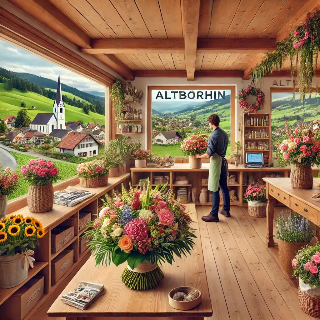 Florist in Altbüron arrangiert einen bunten Blumenstrauss in einem charmanten Laden mit Blick auf die ländliche Umgebung.
