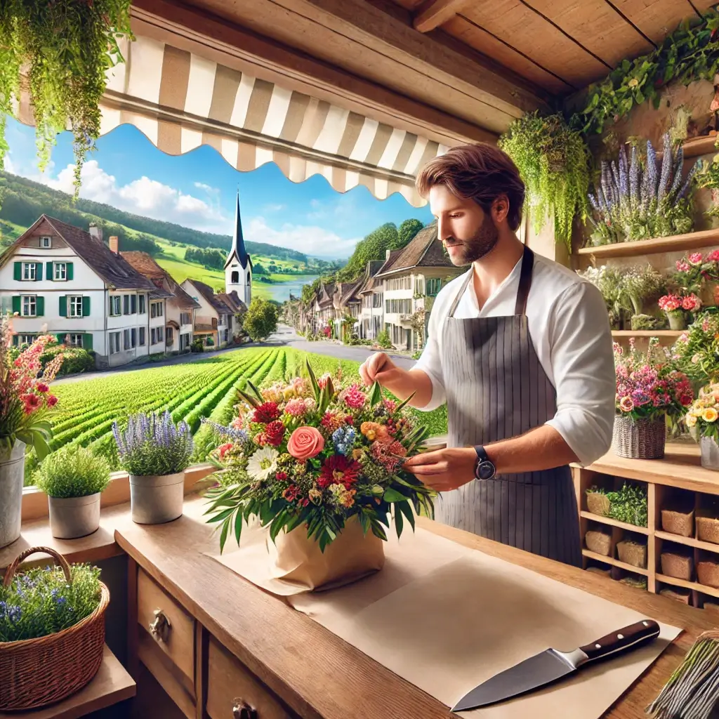 Florist in Hüswil arrangiert einen bunten Blumenstrauss in einem charmanten Laden mit Blick auf die ländliche Umgebung.