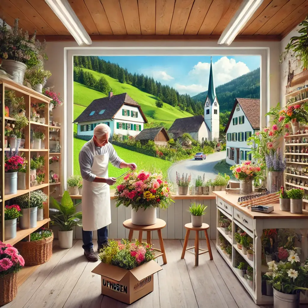 Florist in Ufhusen arrangiert einen bunten Blumenstrauss in einem charmanten Laden mit Blick auf die ländliche Umgebung.