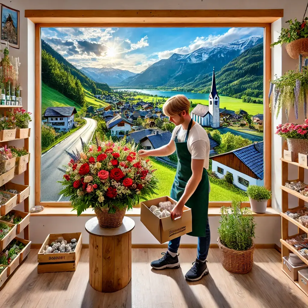 Florist in Hofstatt arrangiert einen bunten Blumenstrauss in einem charmanten Laden mit Blick auf die ländliche Umgebung.
