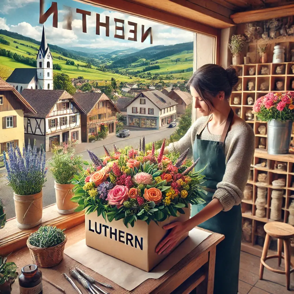 Florist in Luthern arrangiert einen bunten Blumenstrauss in einem charmanten Laden mit Blick auf die grüne Hügellandschaft der Umgebung.