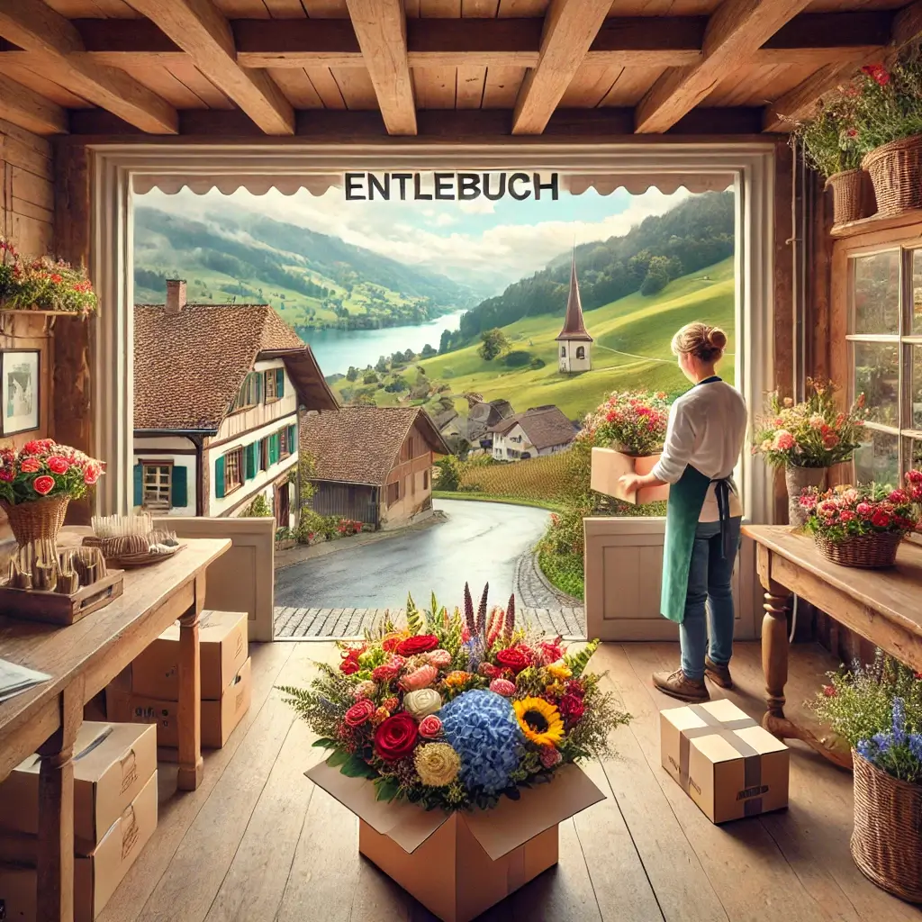 Florist in Entlebuch arrangiert einen bunten Blumenstrauss in einem charmanten Laden mit Blick auf die hügelige Landschaft der Region.