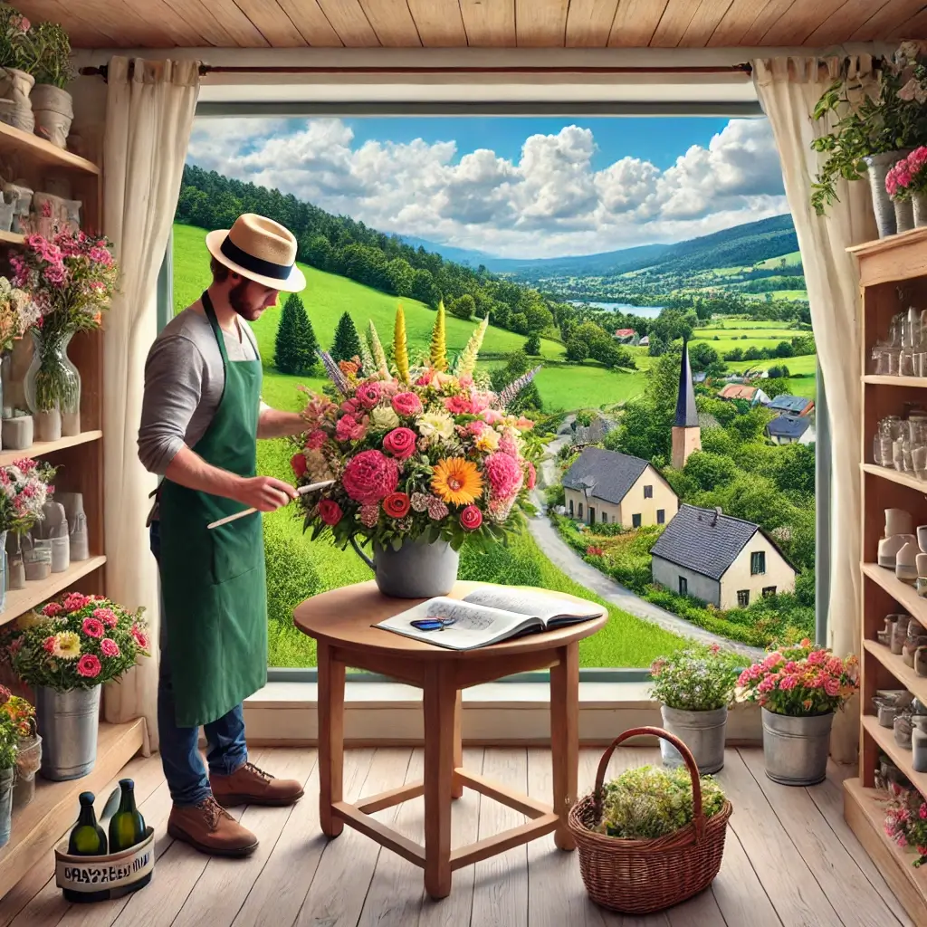 Florist in Hasle LU arrangiert einen bunten Blumenstrauss in einem charmanten Laden mit Blick auf die hügelige Landschaft der Region.