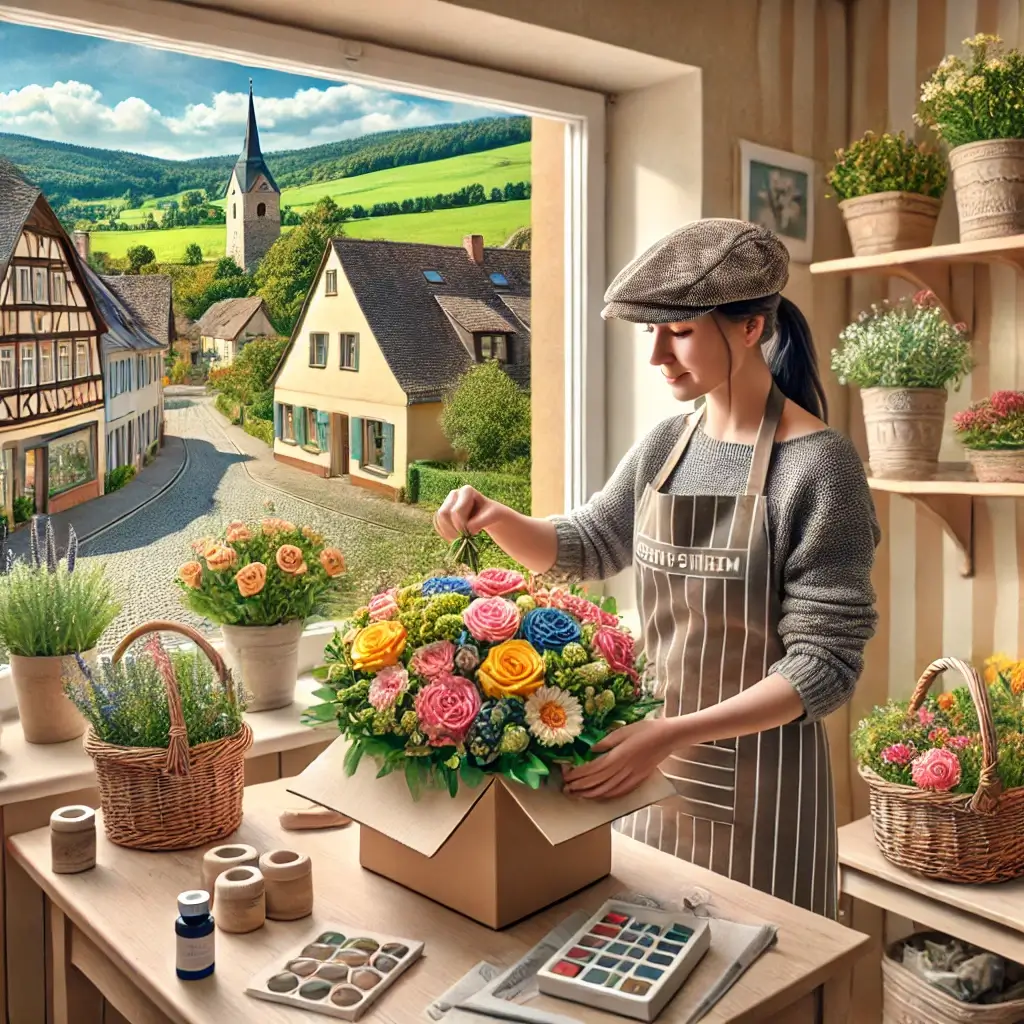 Florist in Schüpfheim arrangiert einen bunten Blumenstrauss in einem charmanten Laden mit Blick auf die ländliche Umgebung.