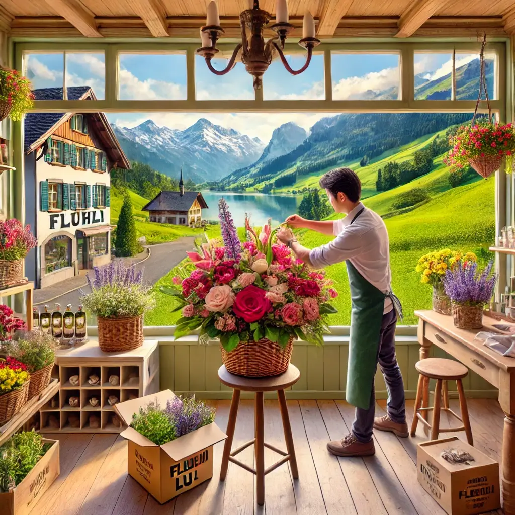 Florist in Flühli LU arrangiert einen bunten Blumenstrauss in einem charmanten Laden mit Blick auf die Berge und die ländliche Umgebung.