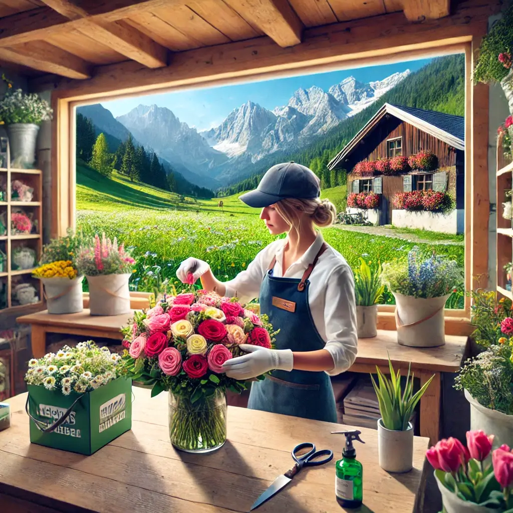 Florist in Sörenberg arrangiert einen bunten Blumenstrauss in einem charmanten Laden mit Blick auf die Alpen und die ländliche Umgebung.