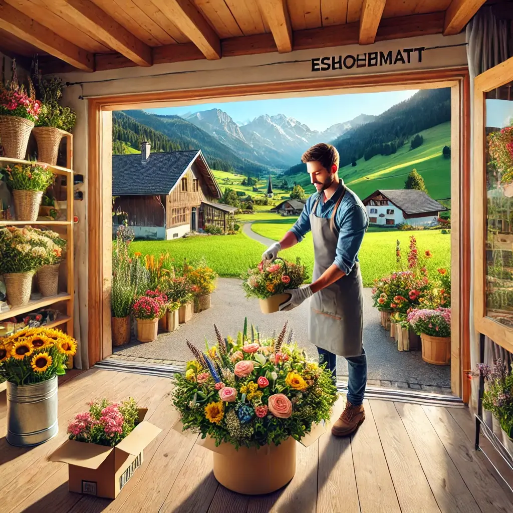 Florist in Escholzmatt arrangiert einen bunten Blumenstrauss in einem charmanten Laden mit Blick auf die Alpen und die hügelige Landschaft.