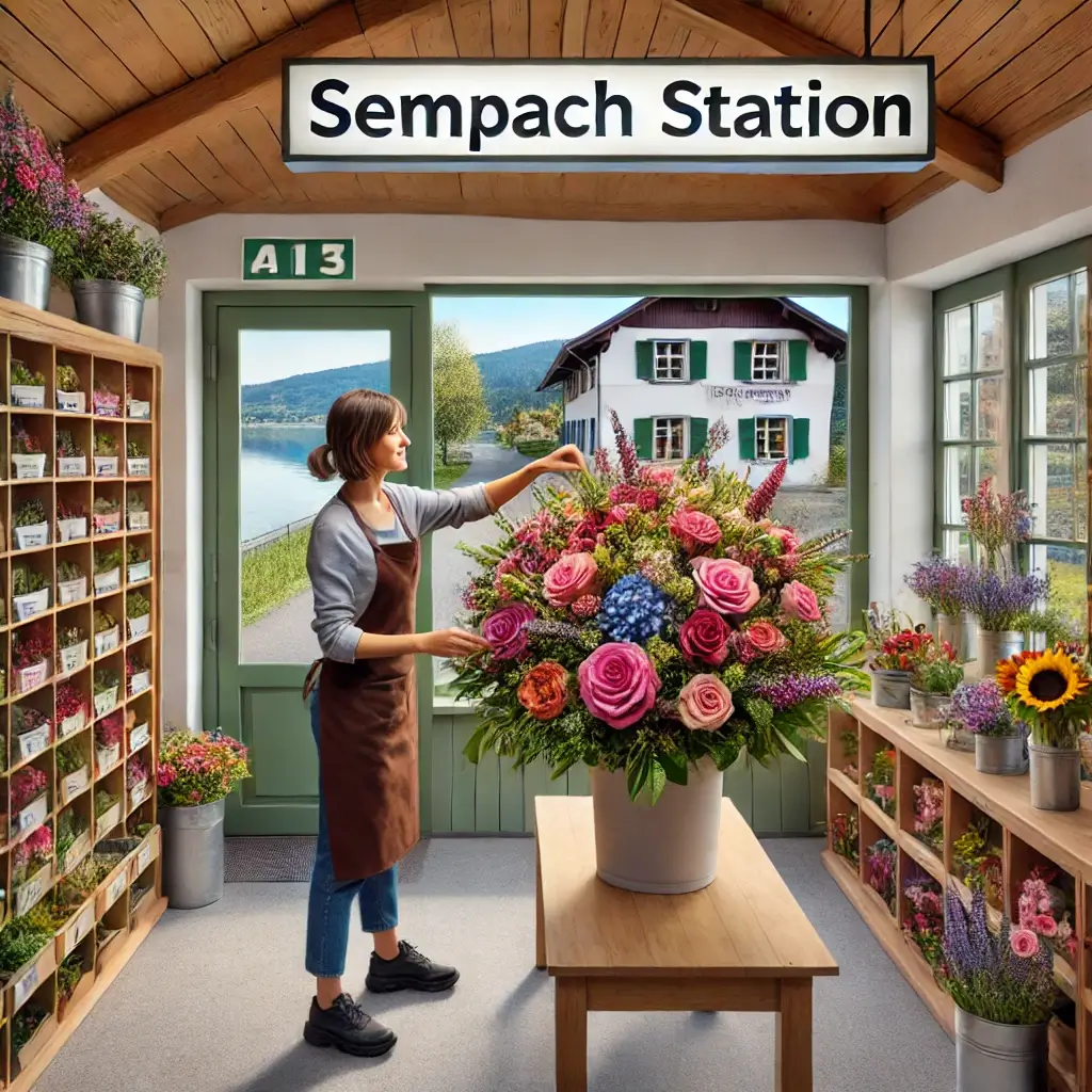 Florist in Sempach Station arrangiert einen bunten Blumenstrauss in einem charmanten Laden mit Blick auf die ländliche Umgebung und den Sempachersee.