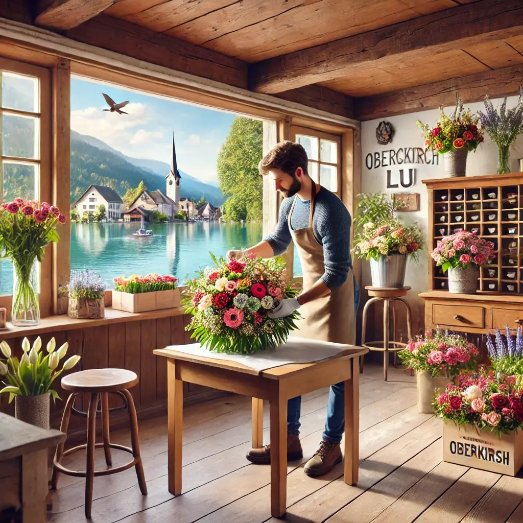 Florist in Oberkirch LU arrangiert einen bunten Blumenstrauss in einem charmanten Laden mit Blick auf den Sempachersee und die grüne Landschaft der Region.