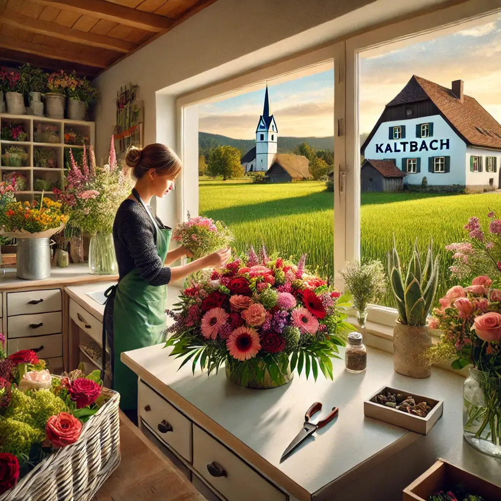 Florist in Kaltbach arrangiert einen bunten Blumenstrauss in einem charmanten Laden mit Blick auf die ländliche Umgebung.