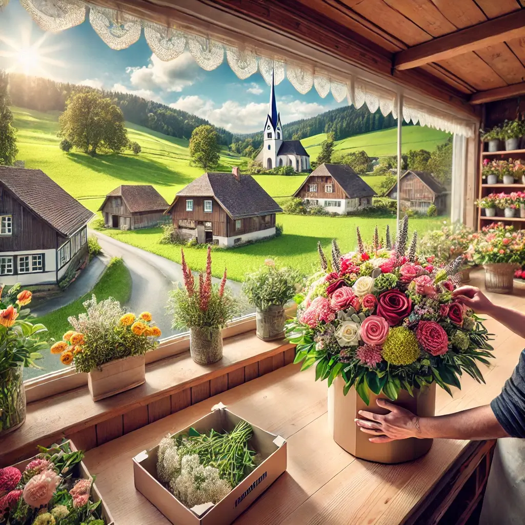 Florist in St. Erhard arrangiert einen bunten Blumenstrauss in einem charmanten Laden mit Blick auf die ländliche Umgebung.