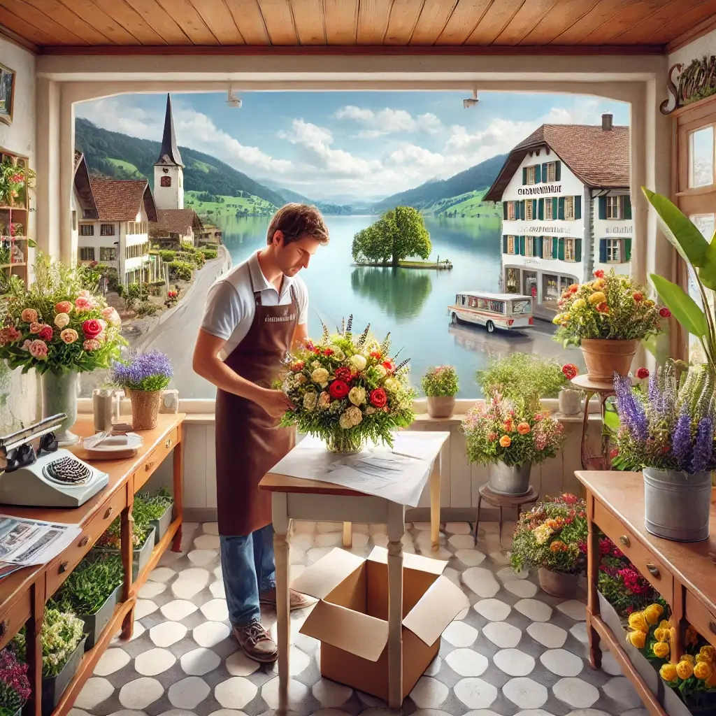 Florist in Schenkon arrangiert einen bunten Blumenstrauss in einem charmanten Laden mit Blick auf den Sempachersee und die ländliche Umgebung.