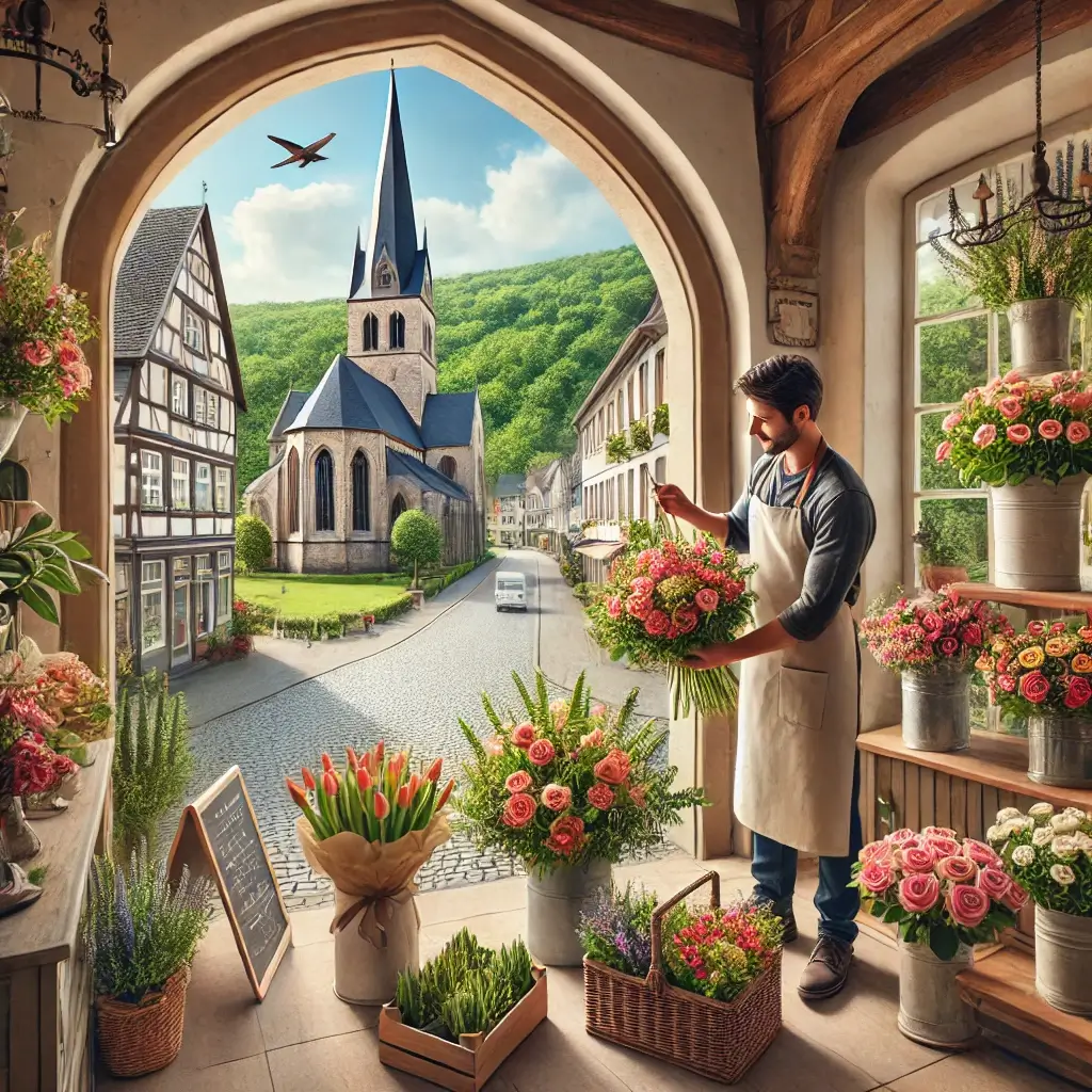 Florist in Beromünster arrangiert einen bunten Blumenstrauss in einem charmanten Laden mit Blick auf die historische Stiftskirche und die ländliche Umgebung.