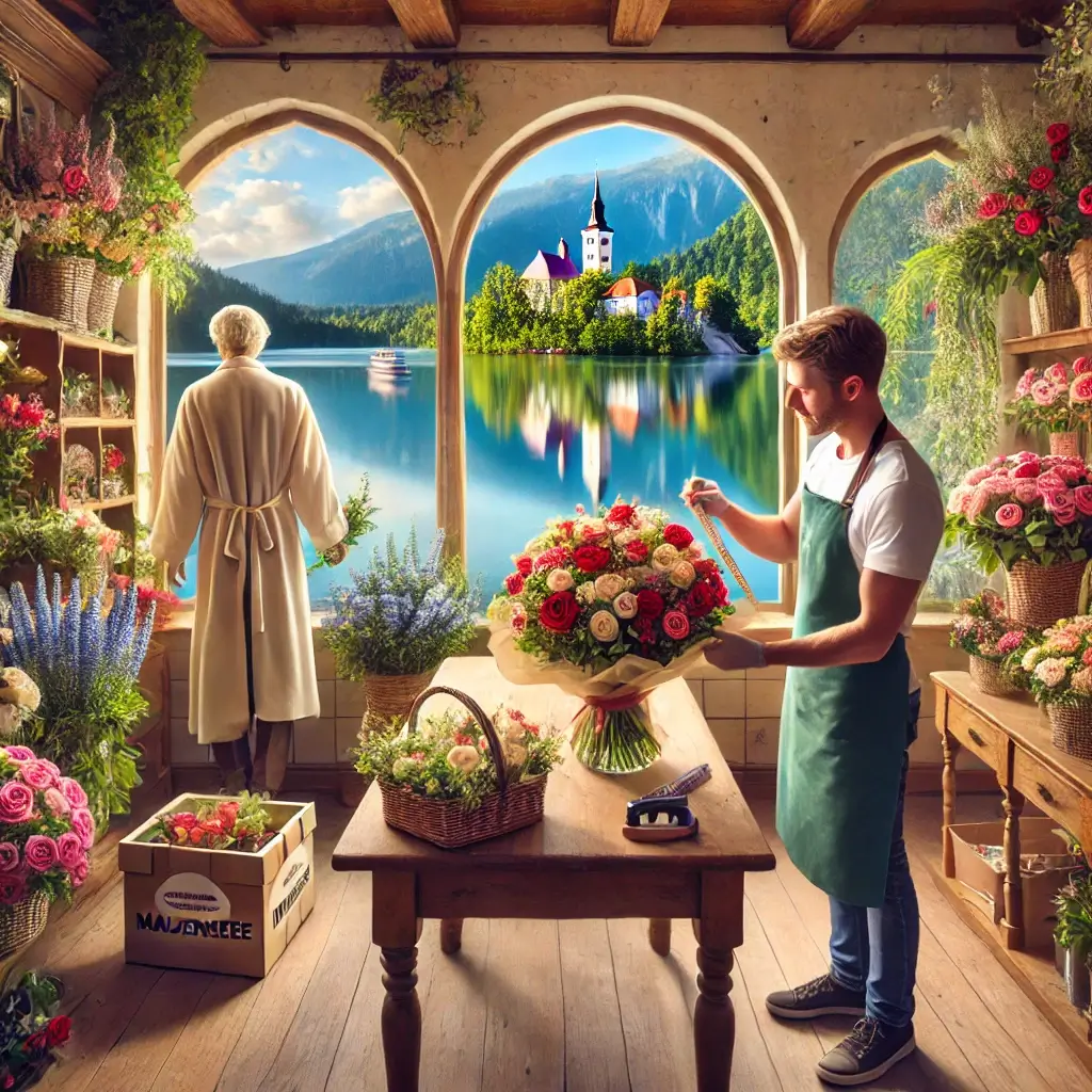 Florist in Mauensee arrangiert einen bunten Blumenstrauss in einem charmanten Laden mit Blick auf den Mauensee und das Schloss.