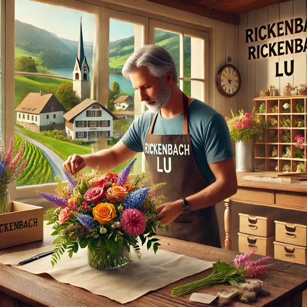 Florist in Rickenbach LU arrangiert einen bunten Blumenstrauss in einem charmanten Laden mit Blick auf die ländliche Umgebung.