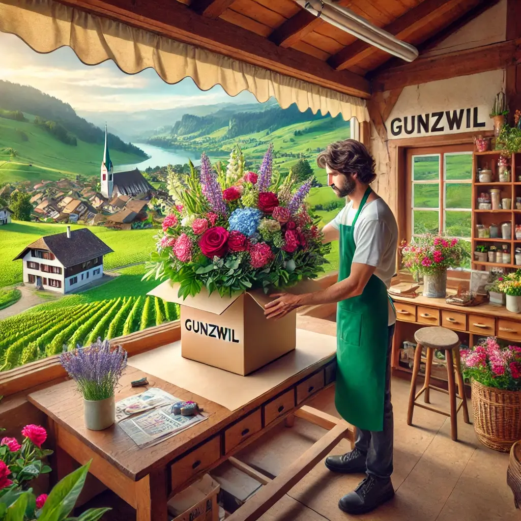 Florist in Gunzwil arrangiert einen bunten Blumenstrauss in einem charmanten Laden mit Blick auf die ländliche Umgebung.