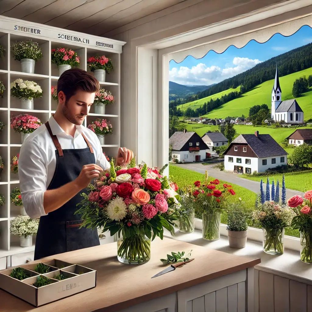 Florist in Schlierbach arrangiert einen bunten Blumenstrauss in einem charmanten Laden mit Blick auf die ländliche Umgebung.