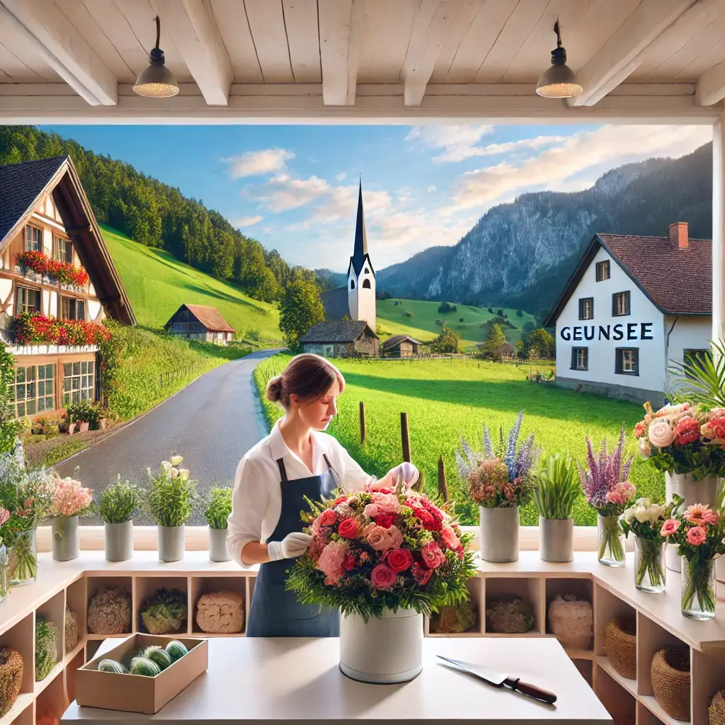 Florist in Geuensee arrangiert einen bunten Blumenstrauss in einem charmanten Laden mit Blick auf die ländliche Umgebung.