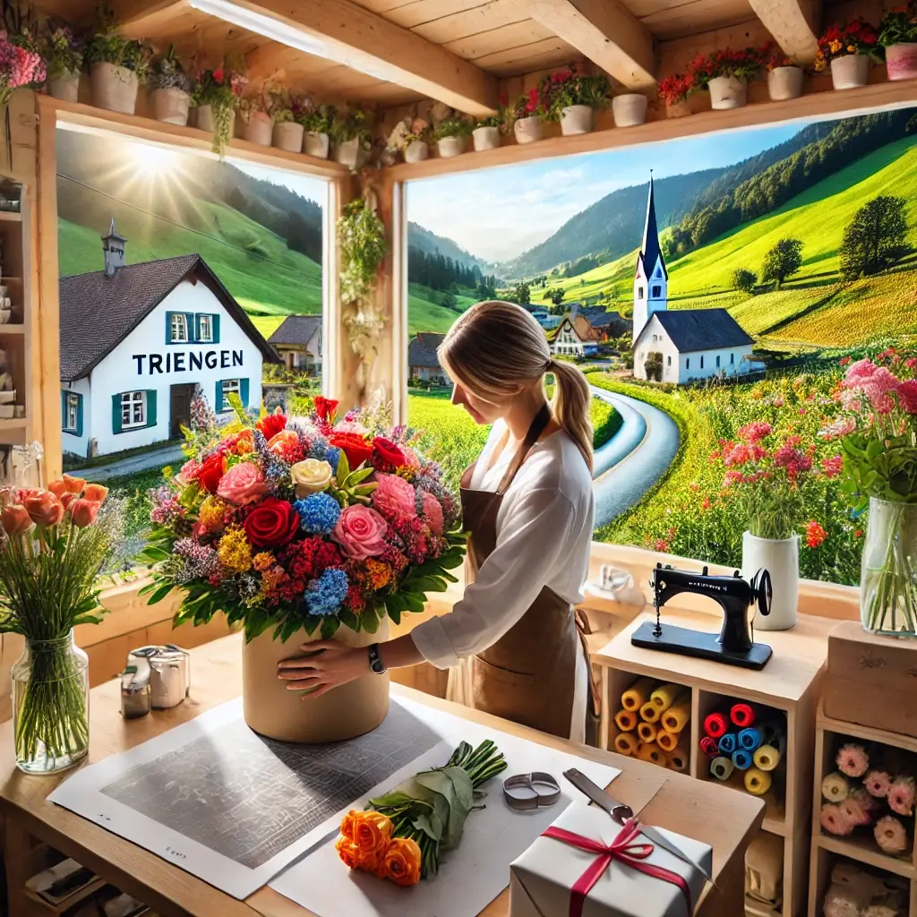 Florist in Triengen arrangiert einen bunten Blumenstrauss in einem charmanten Laden mit Blick auf die ländliche Umgebung.