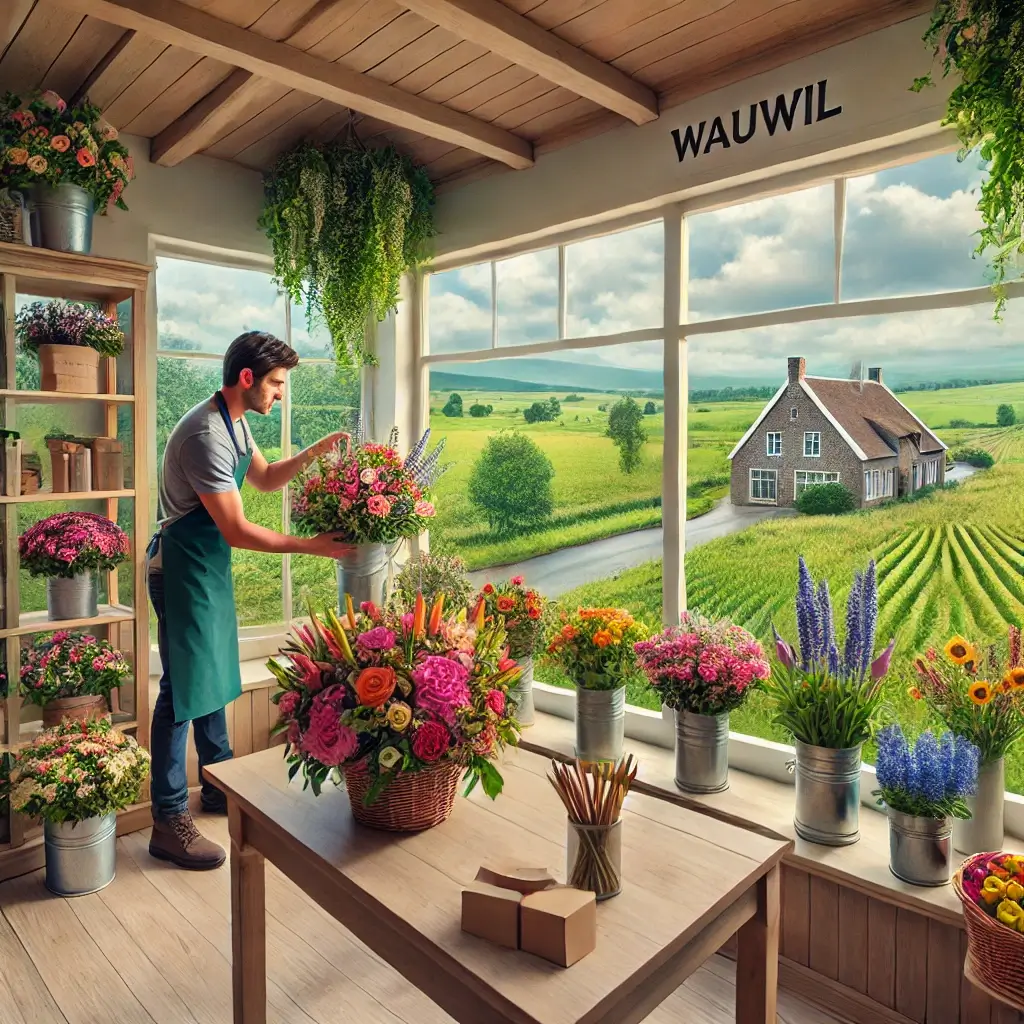 Florist in Wauwil arrangiert einen bunten Blumenstrauss in einem charmanten Laden mit Blick auf die ländliche Umgebung und Felder.