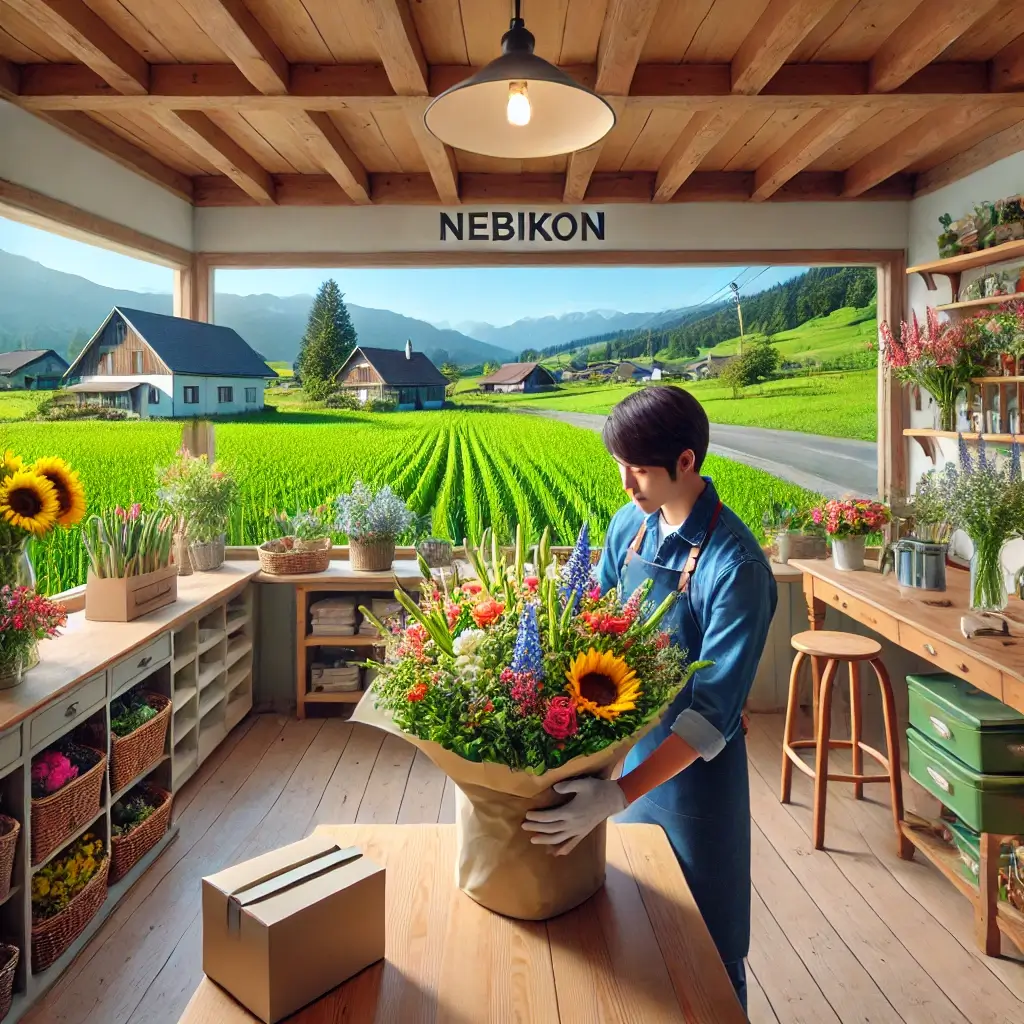 Florist in Nebikon arrangiert einen bunten Blumenstrauss in einem charmanten Laden mit Blick auf die ländliche Umgebung.