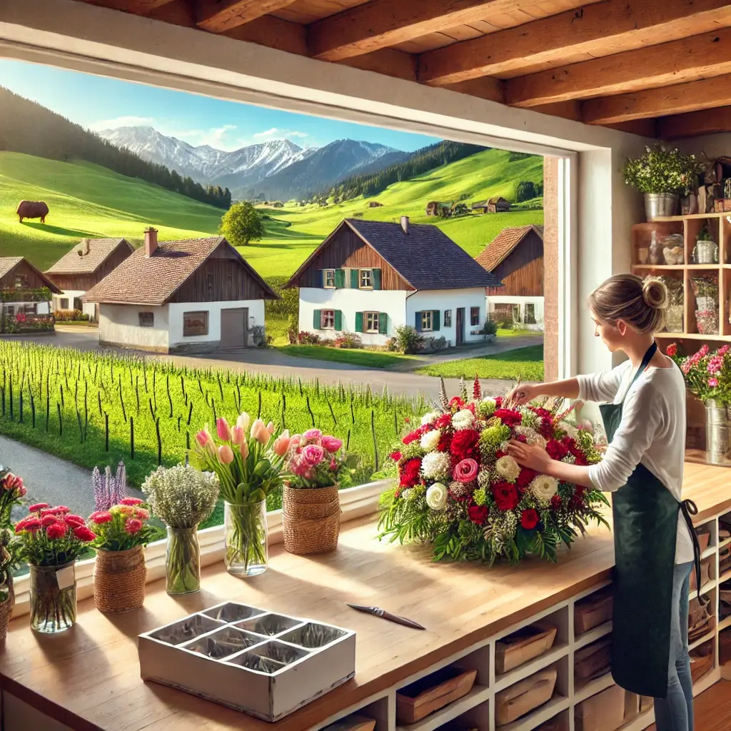 Florist in Altishofen arrangiert einen bunten Blumenstrauss in einem charmanten Laden mit Blick auf die ländliche Umgebung.