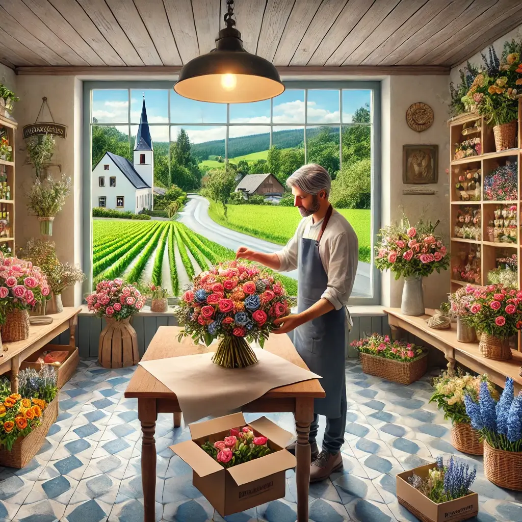 Florist in Dagmersellen arrangiert einen bunten Blumenstrauss in einem charmanten Laden mit Blick auf die ländliche Umgebung.