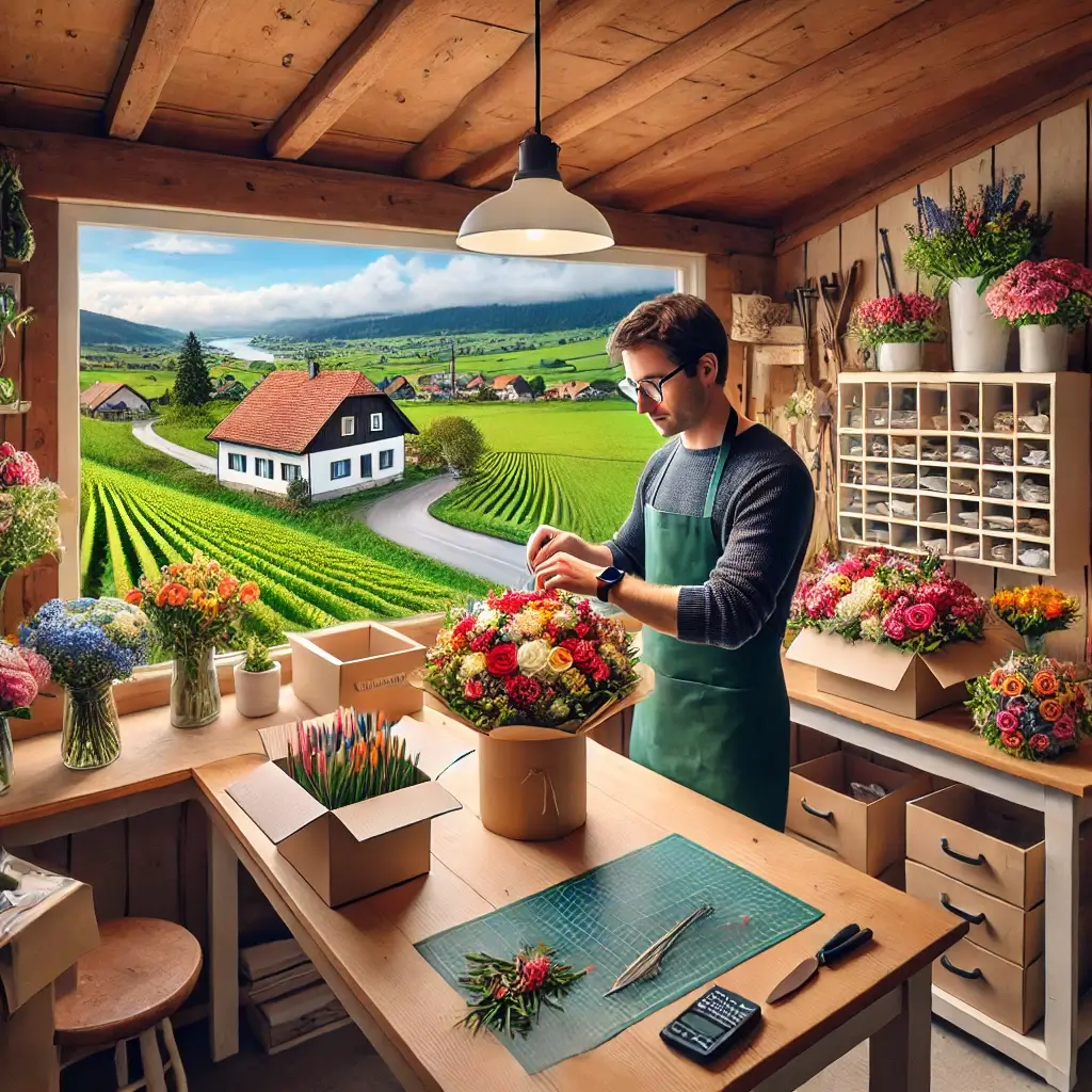 Florist in Uffikon arrangiert einen bunten Blumenstrauss in einem charmanten Laden mit Blick auf die ländliche Umgebung.