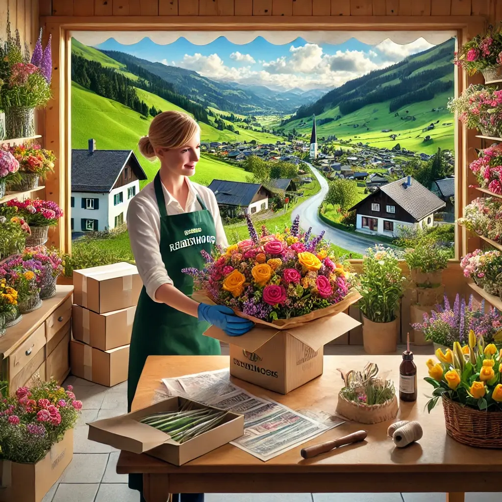 Florist in Reidermoos arrangiert einen bunten Blumenstrauss in einem charmanten Laden mit Blick auf die ländliche Umgebung.