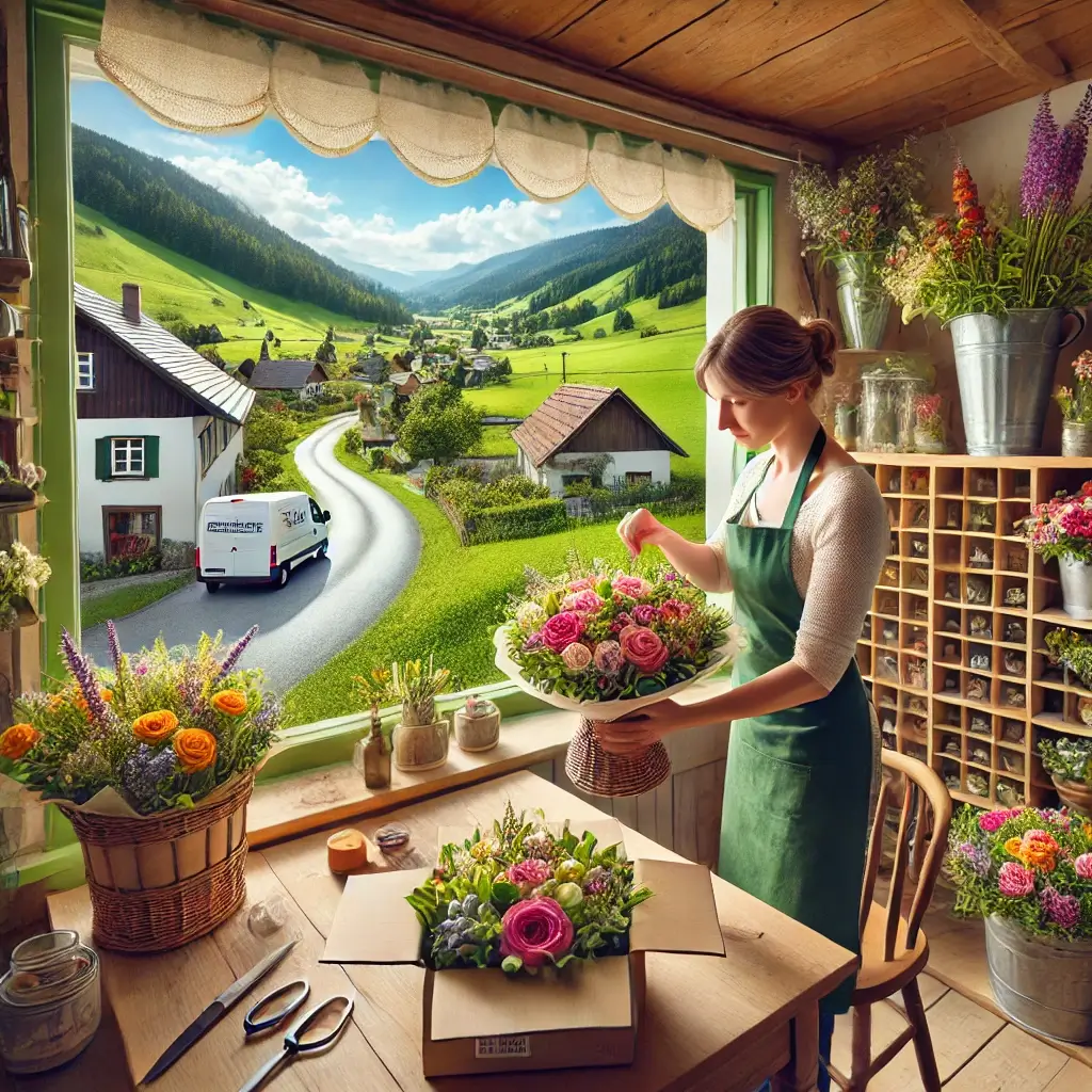 Florist in Hintermoos arrangiert einen bunten Blumenstrauss in einem charmanten Laden mit Blick auf die ländliche Umgebung.