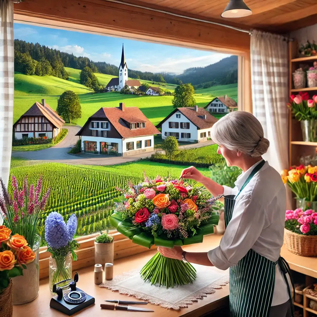Florist in Mehlsecken arrangiert einen bunten Blumenstrauss in einem charmanten Laden mit Blick auf die ländliche Umgebung.