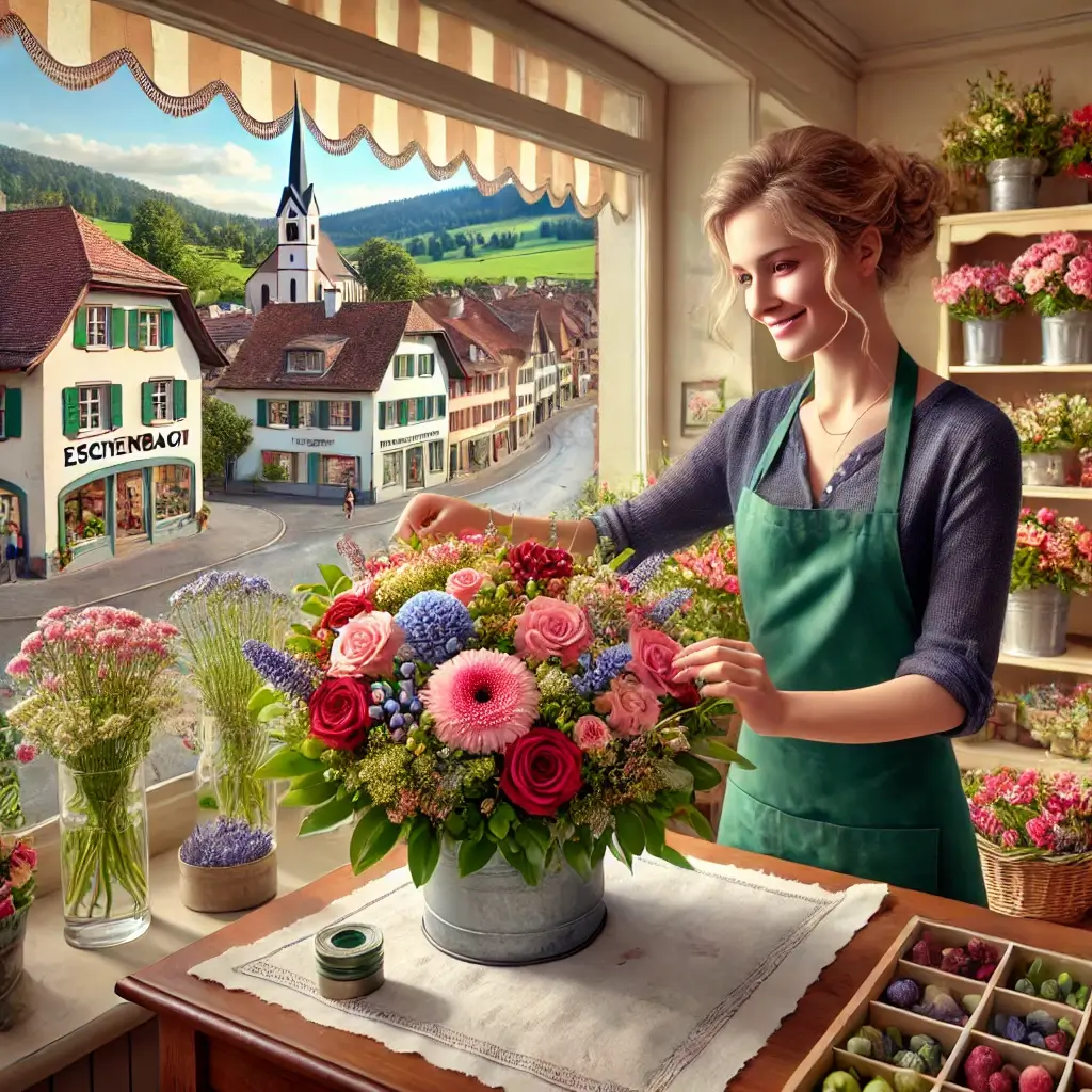 Florist in Eschenbach LU arrangiert einen bunten Blumenstrauss in einem charmanten Laden mit Blick auf die ländliche Umgebung.
